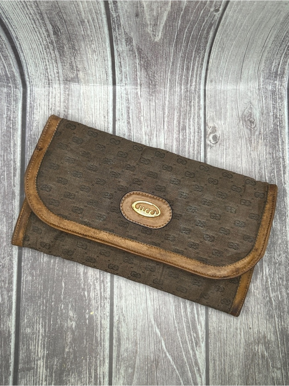 GUCCI VTG 80s Micro GG Supreme Clutch Bag Kiss Lock Leather & Canvas Tan Beige - Picture 3 of 16